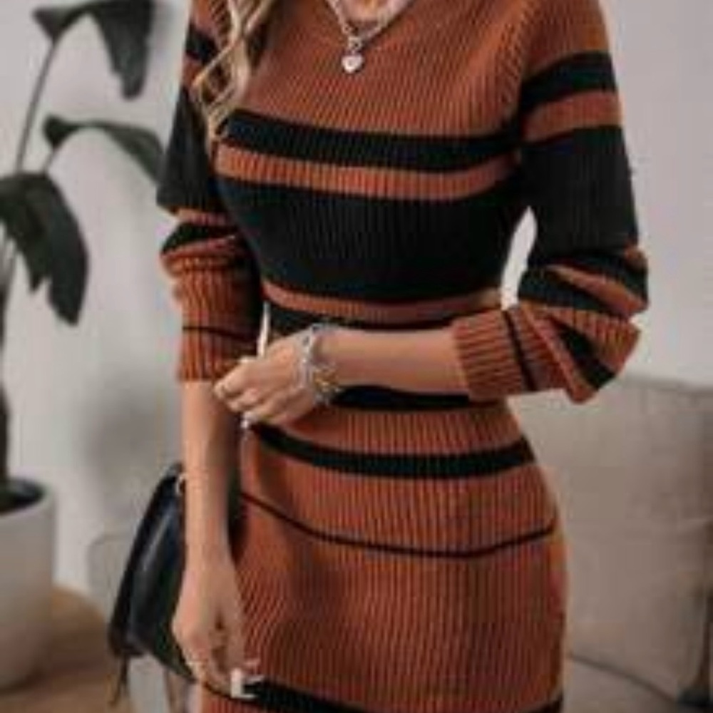 Shein Stylish Striped Knit Dress in Black and Brown